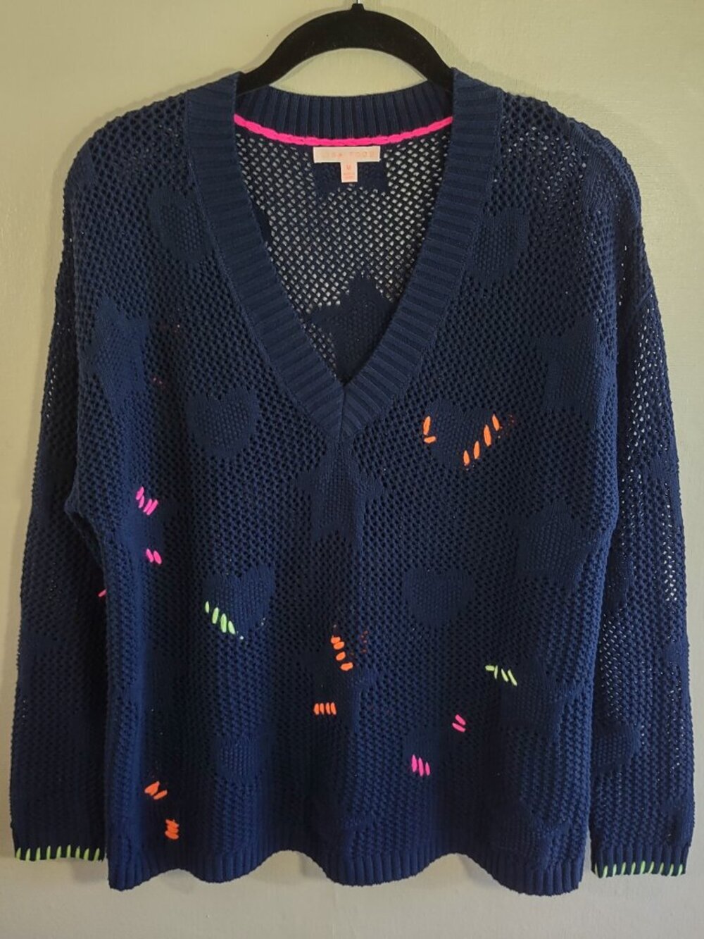Lisa Todd Heart & Star Intarsia Sweater Medium Whimsy Coastal Beach Nautical